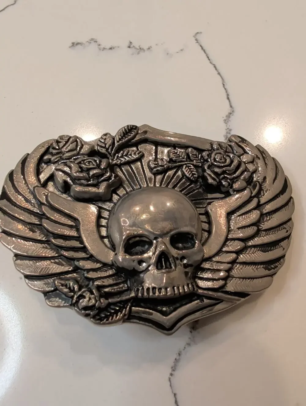 Gothic Skull Belt Buckle - Wings & Roses, Antique Silver, Punk Biker Rocker